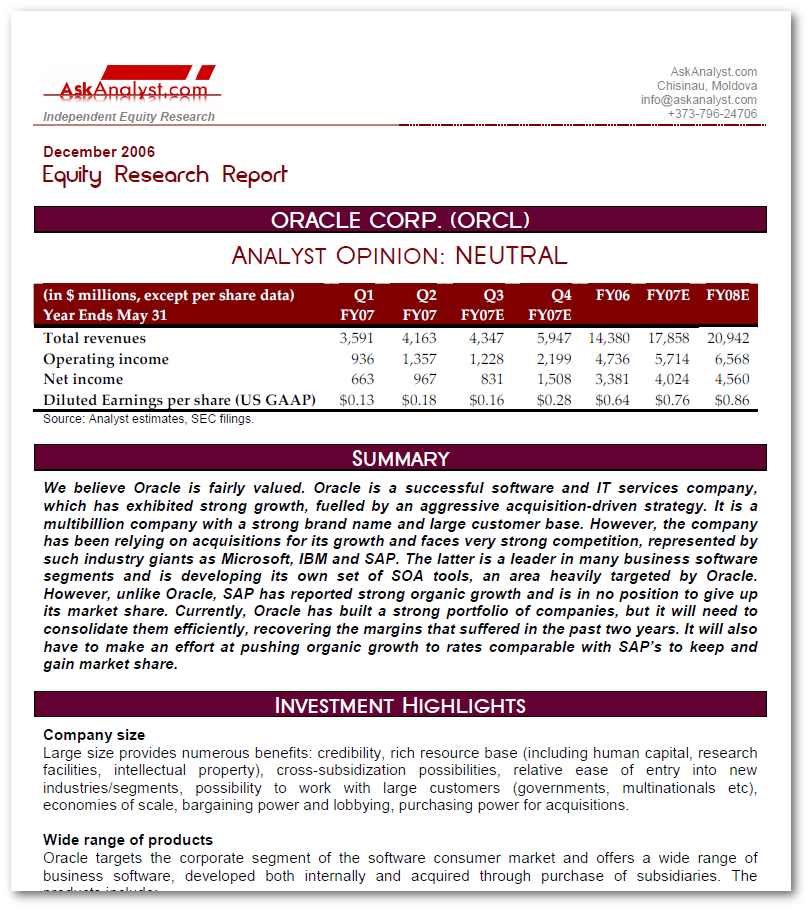 Oracle Sample Equity Research Report