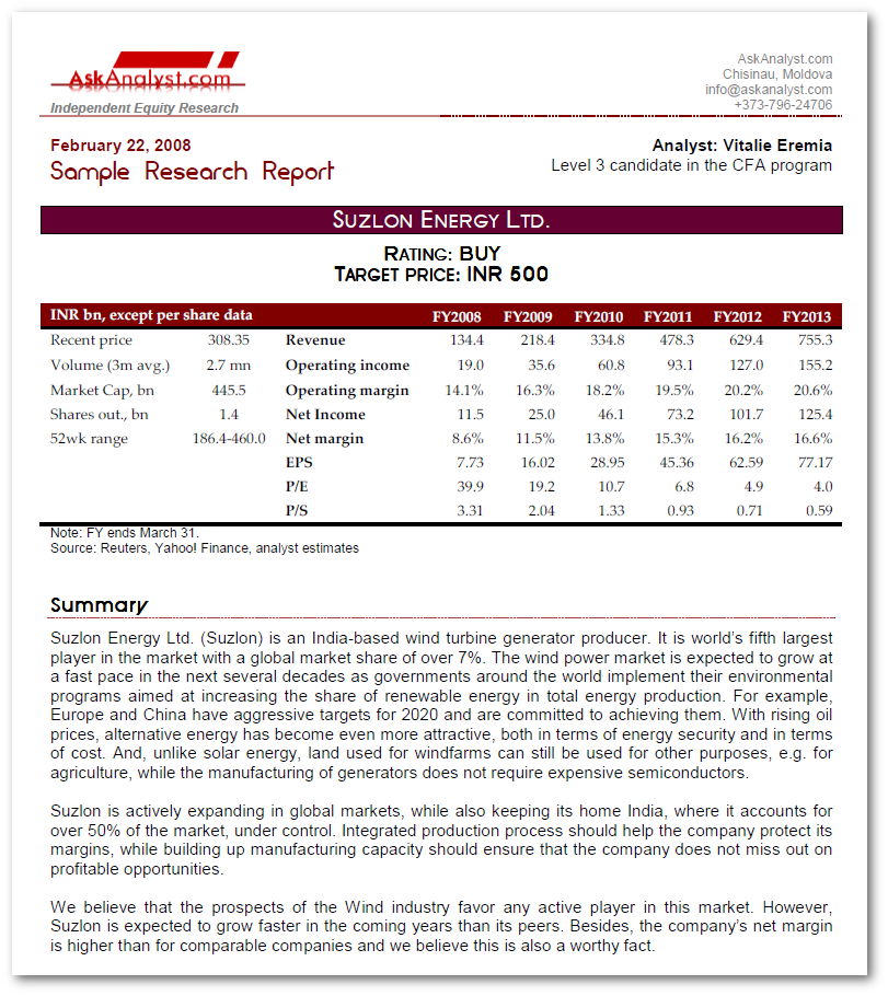 Suzlon Sample Equity Research Report